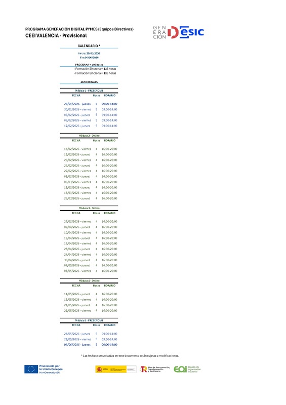 Calendario Curso Transformación Digital enero-junio 2026 ESIC y CEEI